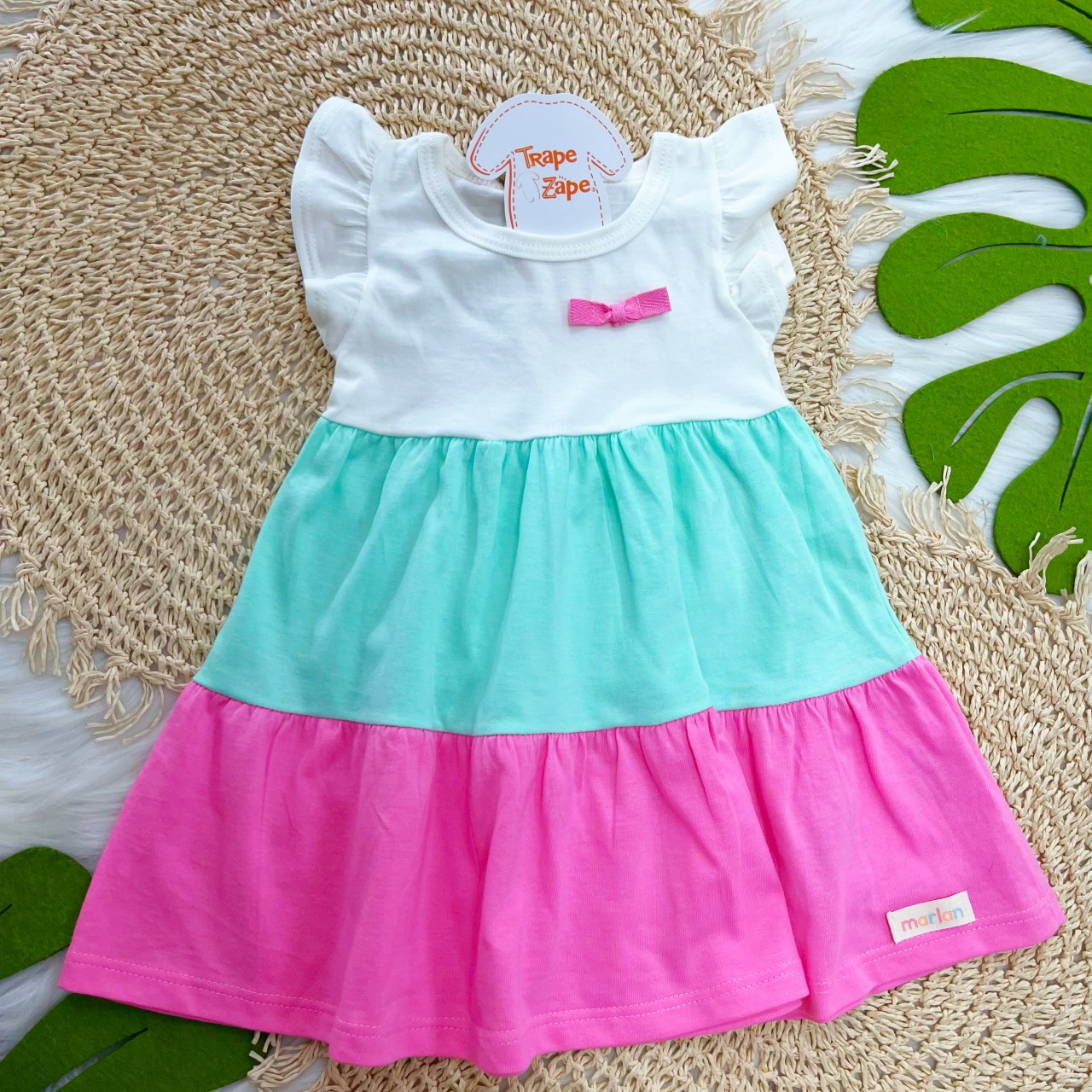 Vestido Três Marias com laço Branco, Verde Agua e Rosa